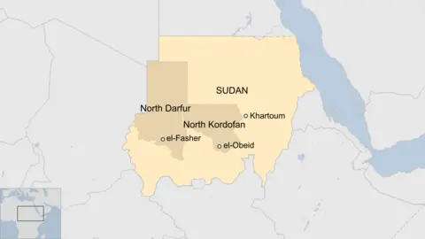 A map showing where el-Fasher, el-Obeid, Khartoum, North Darfur and North Kordofan are in relation to eachother